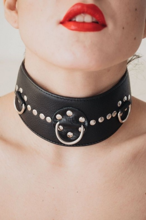 Чёрный кожаный ошейник с полукольцами и клёпками - БДСМ Арсенал - купить с доставкой в Костроме