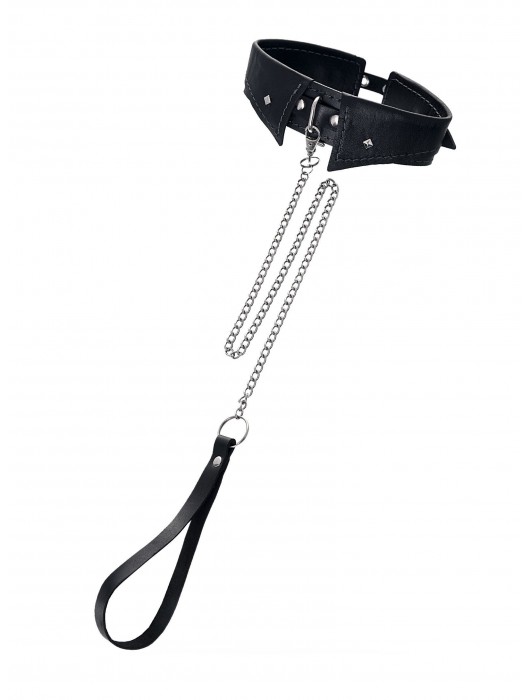 Черный кожаный ошейник-воротник с поводком - Pecado - купить с доставкой в Костроме