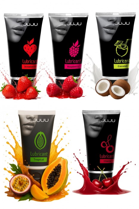 Набор из 5 съедобных лубрикантов JUJU (клубника, малина, тропические фрукты, вишня, кокос) - JuJu - купить с доставкой в Костроме