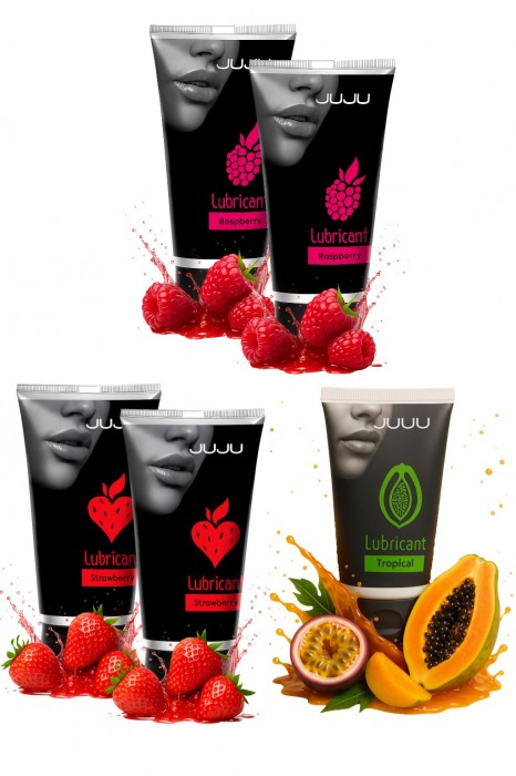 Набор из 5 съедобных лубрикантов JUJU (клубника х 2, малина х 2, тропические фрукты) - JuJu - купить с доставкой в Костроме