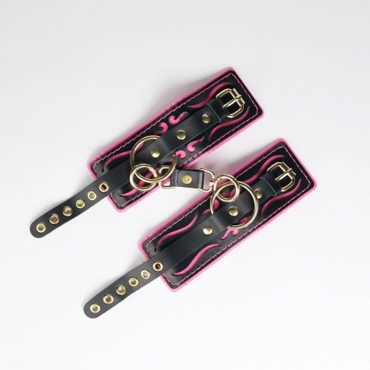 Черные кожаные наручники с розовой строчкой - Crazy Handmade - купить с доставкой в Костроме