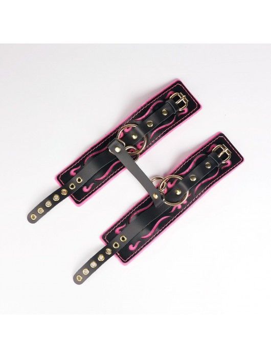 Черные кожаные оковы с розовой строчкой - Crazy Handmade - купить с доставкой в Костроме