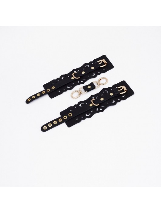 Черные кожаные наручники с узорами и золотистой фурнитурой - Crazy Handmade - купить с доставкой в Костроме