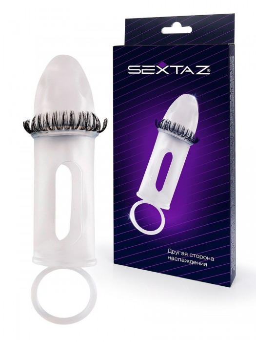 Закрытая насадка на пенис с подхватом мошонки и стимулирующими «ресничками» - Sextaz - в Костроме купить с доставкой
