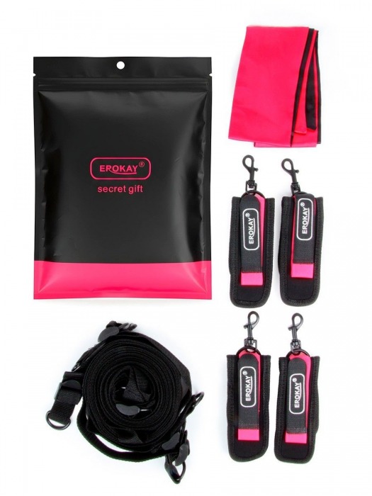 Черно-розовый эротический набор: фиксатор, оковы, наручники, повязка - Erokay - купить с доставкой в Костроме