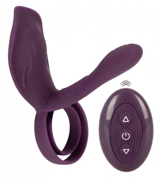 Фиолетовая насадка на член с клиторальным отростком и пультом ДУ RC Couple’s Vibrator 2 - Orion - в Костроме купить с доставкой