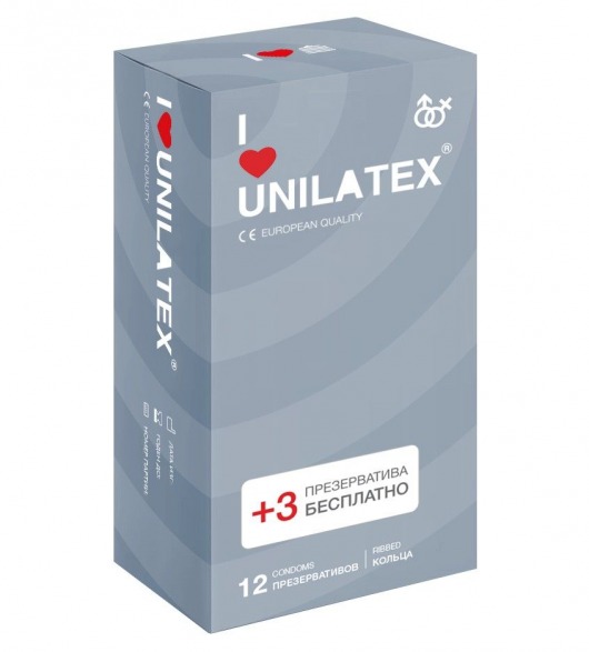 Презервативы с рёбрами Unilatex Ribbed - 12 шт. + 3 шт. в подарок - Unilatex - купить с доставкой в Костроме