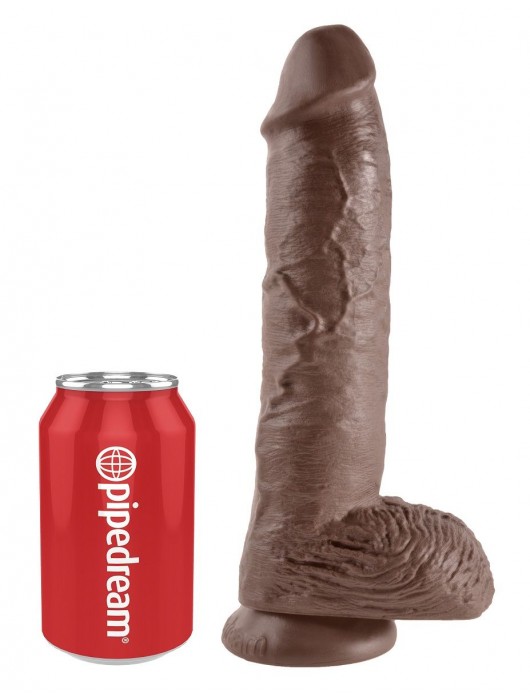 Большой коричневый фаллоимитатор с мошонкой 10  Cock with Balls на присоске - 25,4 см. - Pipedream